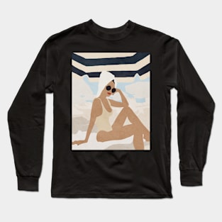 Girl on the beach, Boho style art, Mid century art Long Sleeve T-Shirt